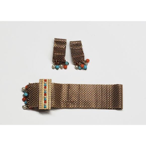 Vintage Bergere Gold Tone Mesh Bead Bracelet & Earrings Set - Picture 7 of 9